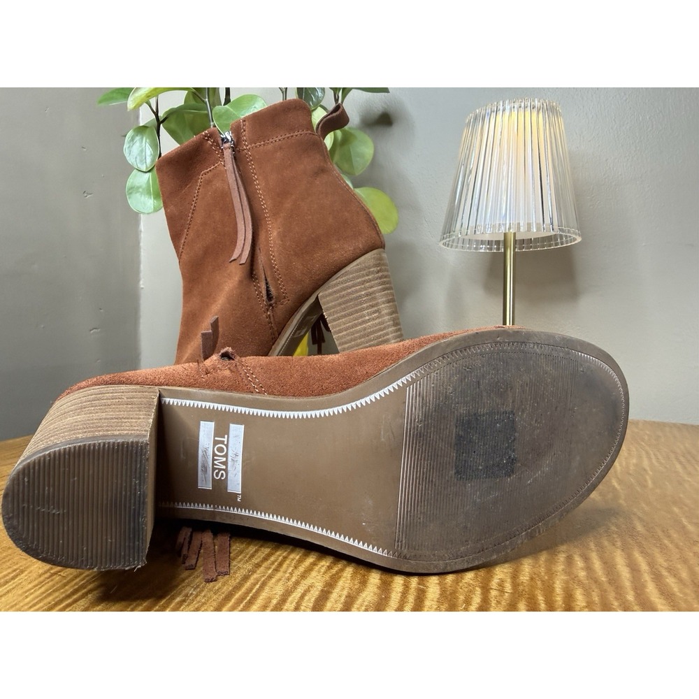 TOMS COGNAC SUEDE FRINGE LUNATA‎ BOOTIES ANKLE BOOTS SIZE US 8 MSRP $125 - Picture 4 of 6
